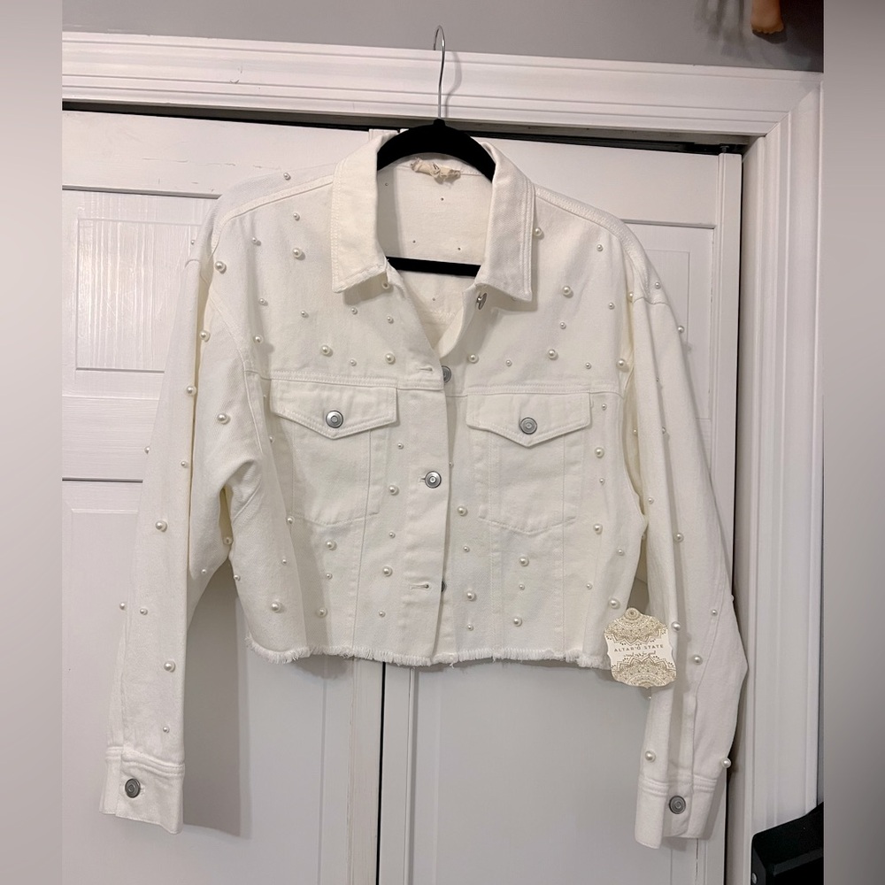 White pearl cropped denim jacket